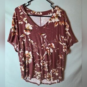 Maurices 24/7 Women's Sz XXL Burgundy Brown Floral V-Neck Soft Tee
